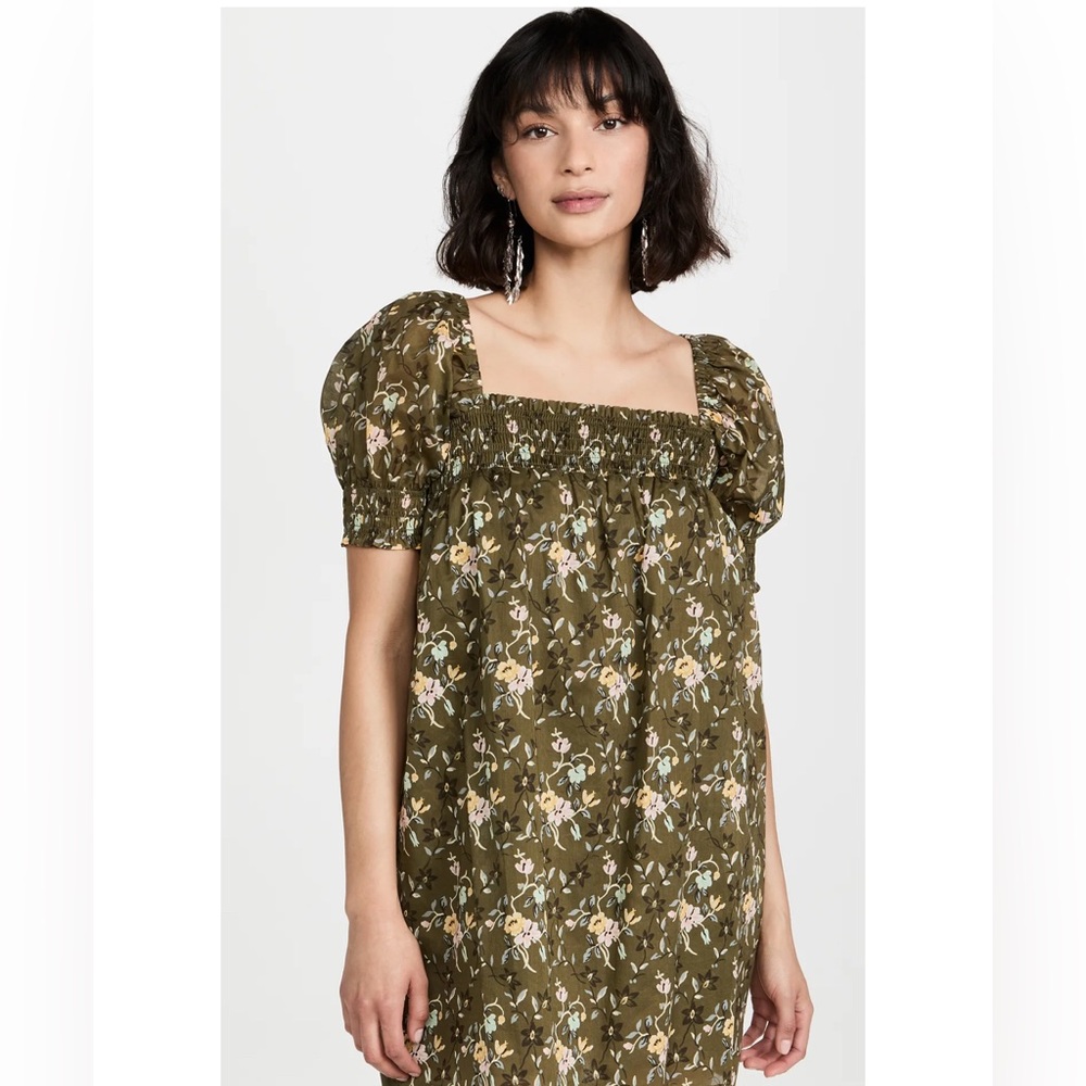 Tory Burch Olive Green Floral Smocked Mini Dress